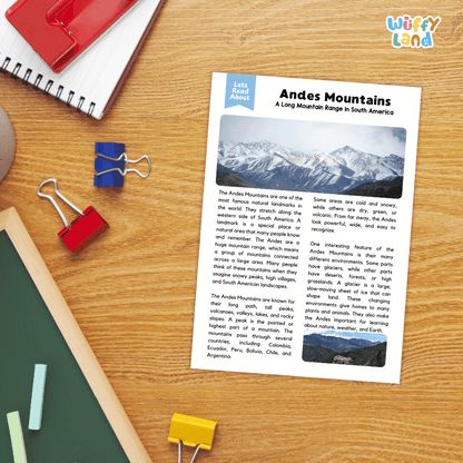 Lined reading comprehension question worksheet covering main ideas, vocabulary terms, and landmark facts about the Andes Mountains
