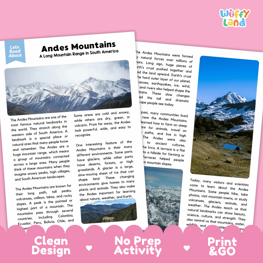Reference sheet and answer key for Andes Mountains landmark reading passage displaying completed comprehension answers and South American geography facts