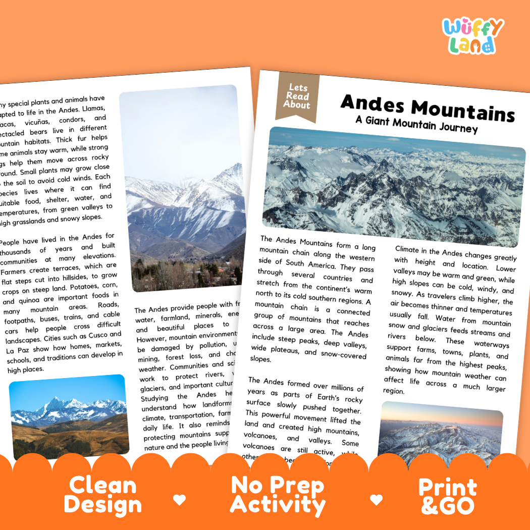Teacher answer key page showing complete question solutions for Andes Mountains social studies reading comprehension practice