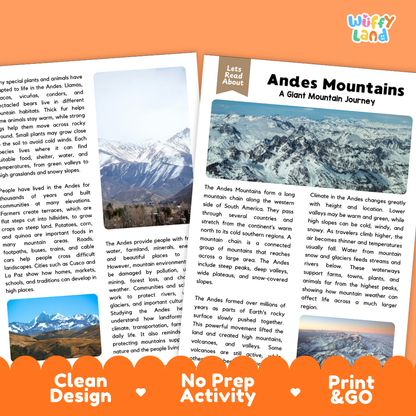 Teacher answer key page showing complete question solutions for Andes Mountains social studies reading comprehension practice