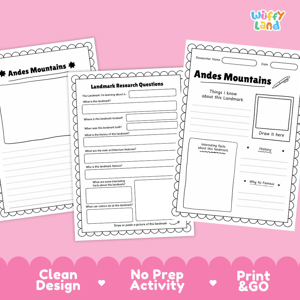 Three printable Andes Mountains activity worksheet pages arranged on a pink background with the Wiffy Land logo at the top right and marketing text along the bottom: Clean Design, No Prep Activity, Print & Go.