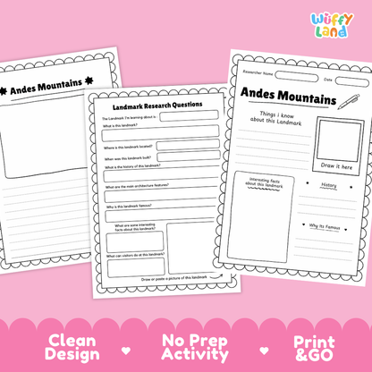 Three printable Andes Mountains activity worksheet pages arranged on a pink background with the Wiffy Land logo at the top right and marketing text along the bottom: Clean Design, No Prep Activity, Print & Go.