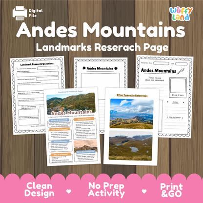 Andes Mountains landmarks research page activity sheet set by Wiffy Land, featuring multiple printed worksheet pages with landscape photos and text fields, displayed on a wood background with a pink banner at the bottom.