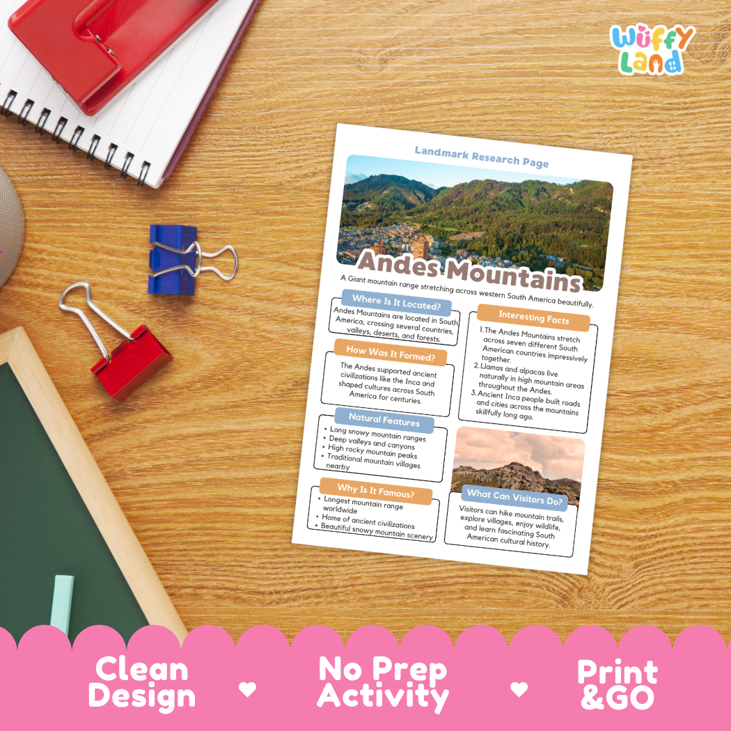 A printed Andes Mountains landscape research page laid on a wooden desk, surrounded by notebooks, binder clips, and a green chalkboard. The page has colorful text boxes, a mountain photo, and a header that reads 'Landsmark Research Page.