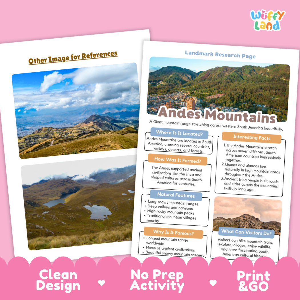Two educational landscape research pages about the Andes Mountains are shown on a pink background. The pages feature a scenic mountain photograph and text boxes describing location, introduction, features, and visitor activities.