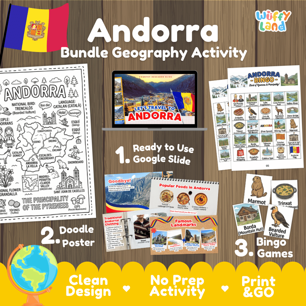 Complete Andorra geography activity bundle featuring Google Slides, doodle coloring poster, and classroom bingo games 🇦🇩🎒