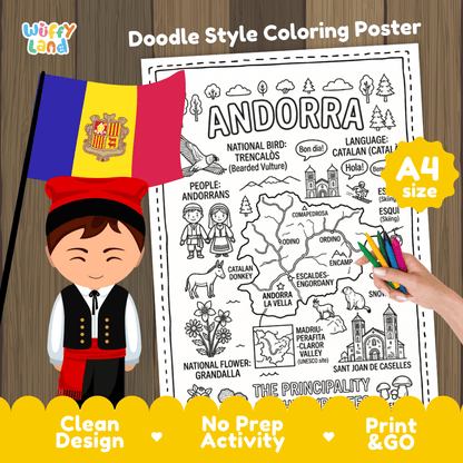 Andorra country study doodle style coloring poster printable page featuring map, landmarks, and cultural symbols