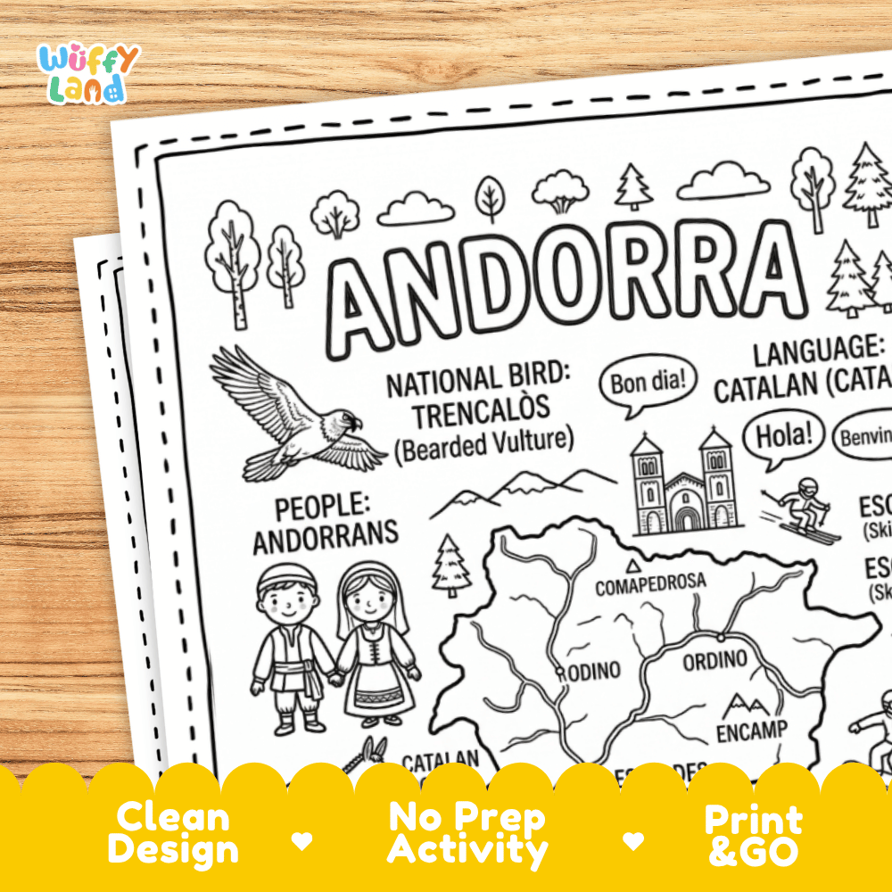 Cultural coloring page featuring traditional Andorran folk costume, Catalan donkey, skiing, and Catalan greeting speech bubbles