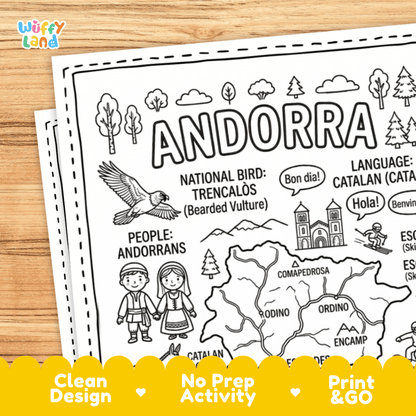 Cultural coloring page featuring traditional Andorran folk costume, Catalan donkey, skiing, and Catalan greeting speech bubbles