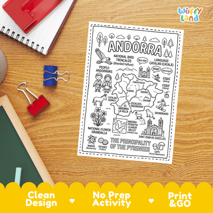 Doodle map coloring sheet showing Andorra's capital Andorra la Vella, Sant Joan de Caselles, and Madriu Valley