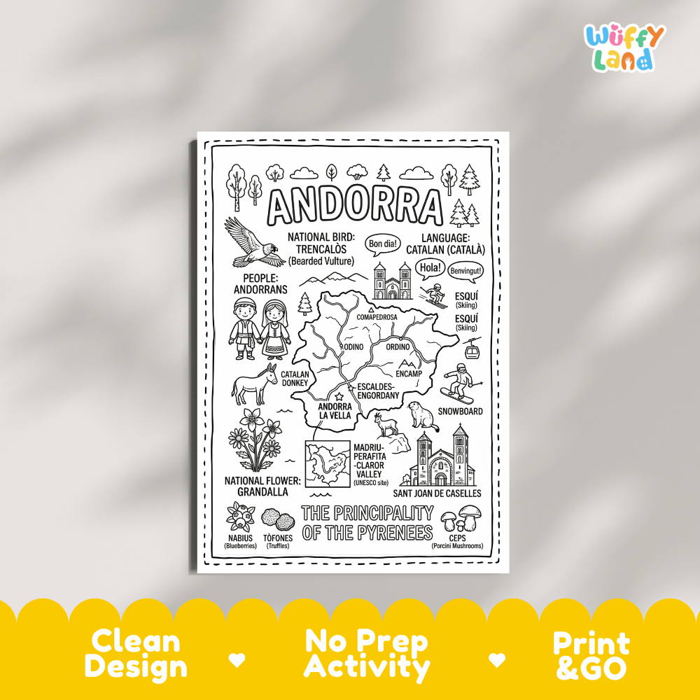 Educational activity coloring page highlighting Andorra's national bird the Bearded Vulture and national flower Grandalla