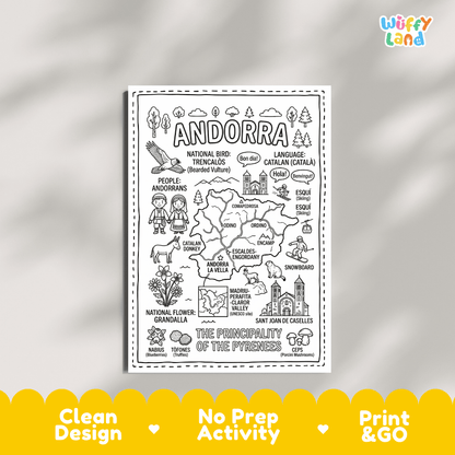 Educational activity coloring page highlighting Andorra's national bird the Bearded Vulture and national flower Grandalla