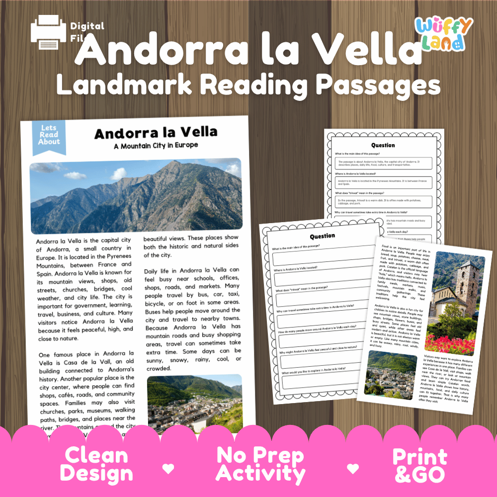Andorra la Vella landmark reading passages educational unit featuring nonfiction text and authentic Pyrenees mountain valley photography
