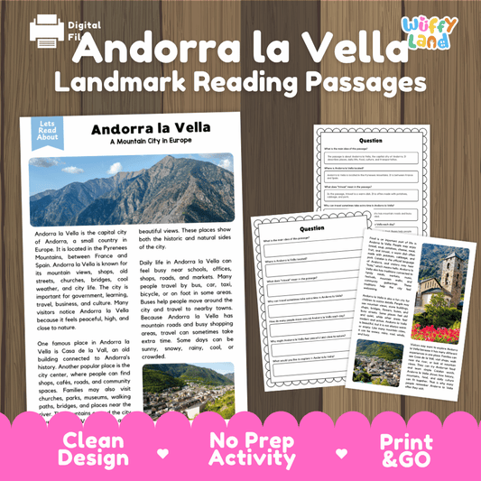 Andorra la Vella landmark reading passages educational unit featuring nonfiction text and authentic Pyrenees mountain valley photography