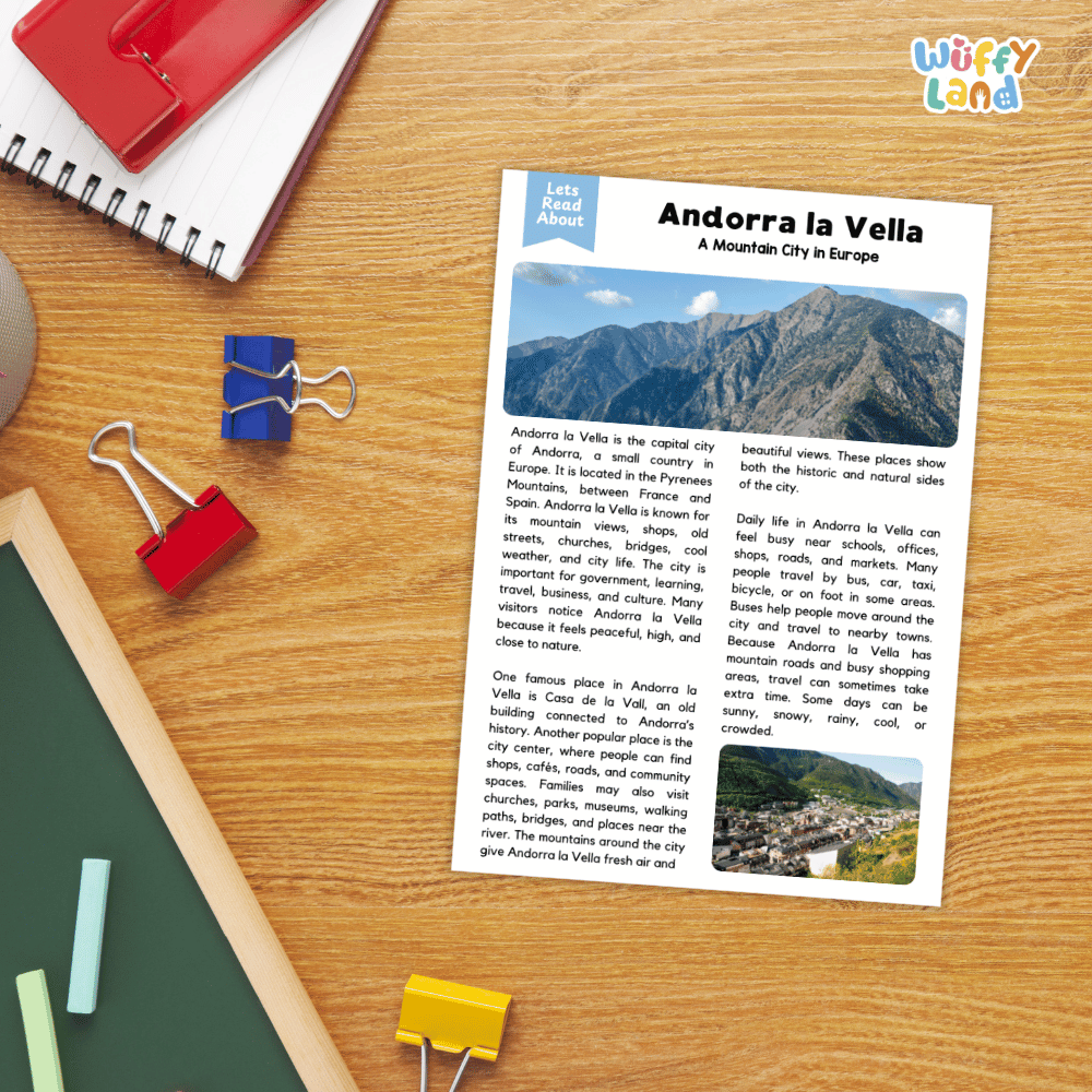 Lined reading comprehension question worksheet covering main ideas vocabulary terms and landmark facts about Andorra la Vella