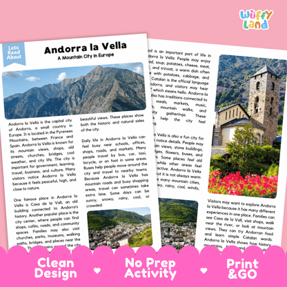 Reference sheet and answer key for Andorra la Vella landmark reading passage displaying completed comprehension answers and European geography facts
