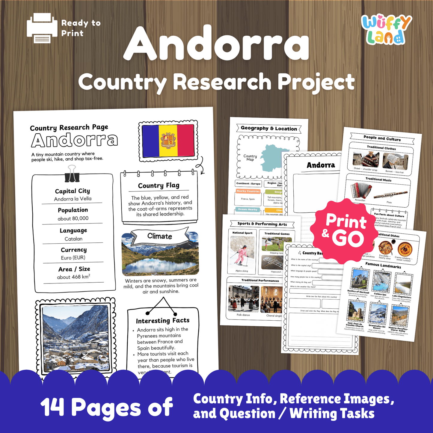 A country research project worksheet for Andorra featuring key facts such as the capital city (Andorra la Vella), population, language, currency, and size. The image includes Andorra’s flag, climate information, and interesting facts, along with visuals of mountain landscapes. Additional printable pages show geography and location, traditional clothing and music, sports and performing arts, famous landmarks, and student research and writing activities.