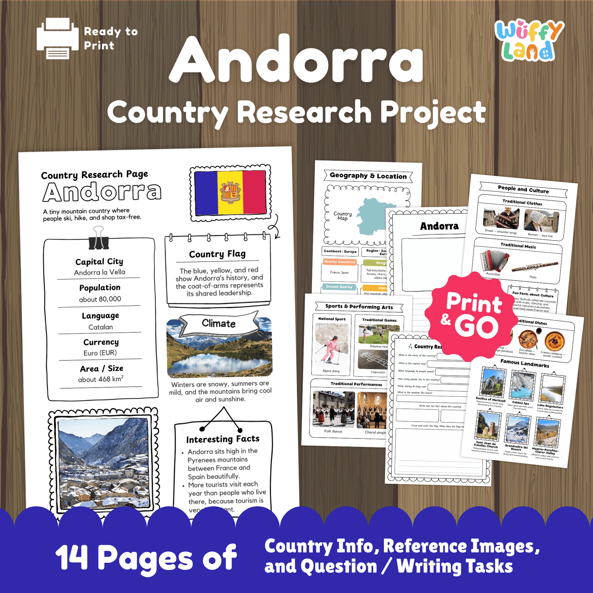 A country research project worksheet for Andorra featuring key facts such as the capital city (Andorra la Vella), population, language, currency, and size. The image includes Andorra’s flag, climate information, and interesting facts, along with visuals of mountain landscapes. Additional printable pages show geography and location, traditional clothing and music, sports and performing arts, famous landmarks, and student research and writing activities.