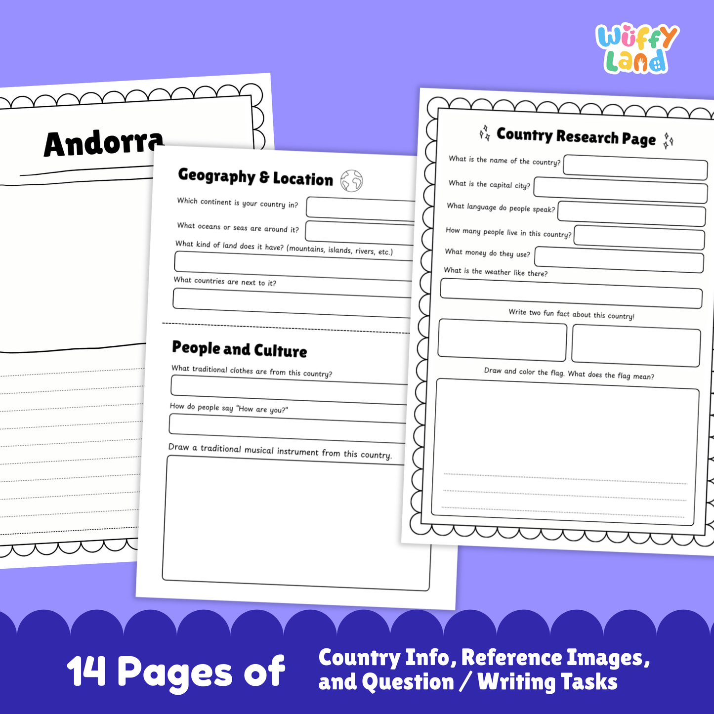 A country research project worksheet for Andorra featuring key facts such as the capital city (Andorra la Vella), population, language, currency, and size. The image includes Andorra’s flag, climate information, and interesting facts, along with visuals of mountain landscapes. Additional printable pages show geography and location, traditional clothing and music, sports and performing arts, famous landmarks, and student research and writing activities.