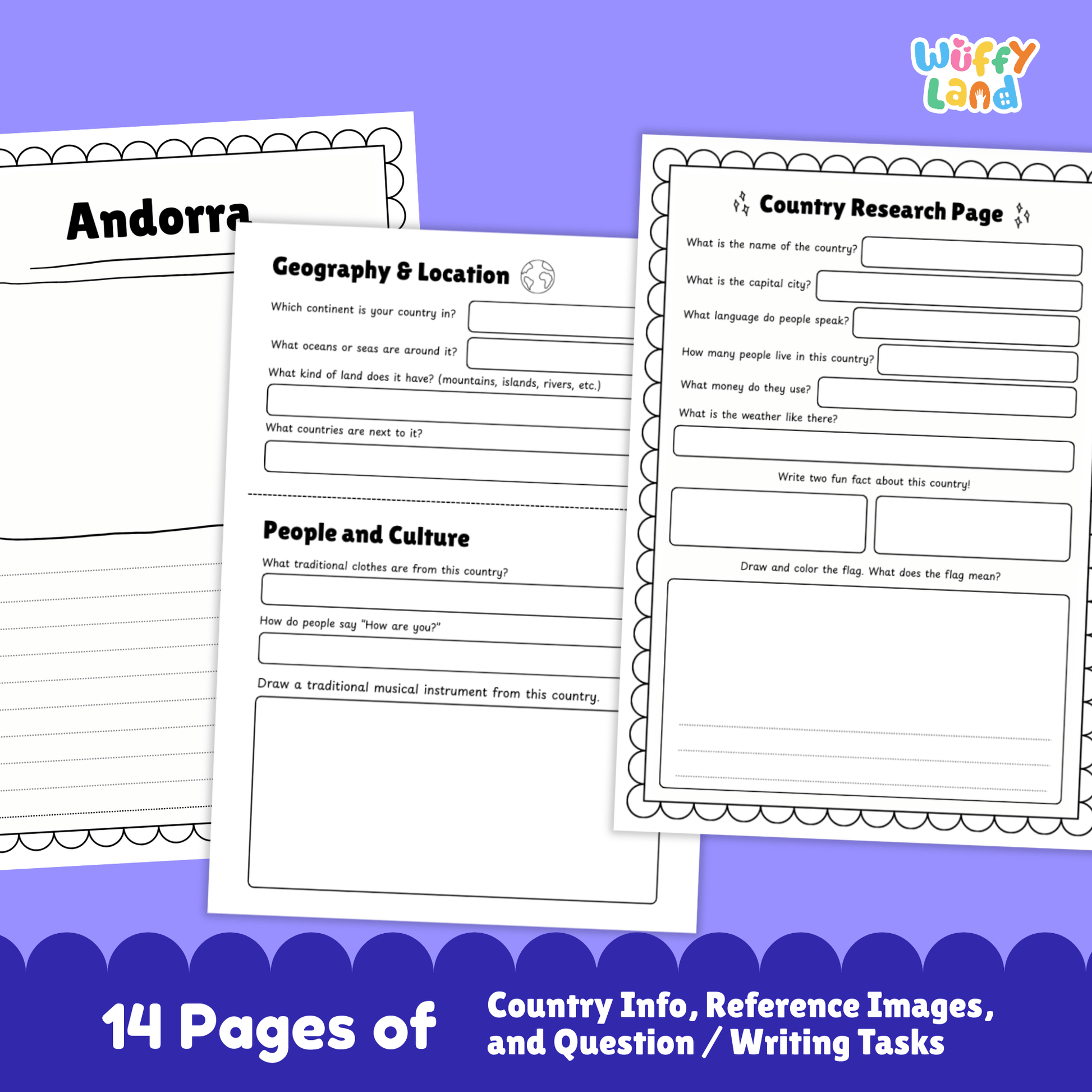 A country research project worksheet for Andorra featuring key facts such as the capital city (Andorra la Vella), population, language, currency, and size. The image includes Andorra’s flag, climate information, and interesting facts, along with visuals of mountain landscapes. Additional printable pages show geography and location, traditional clothing and music, sports and performing arts, famous landmarks, and student research and writing activities.