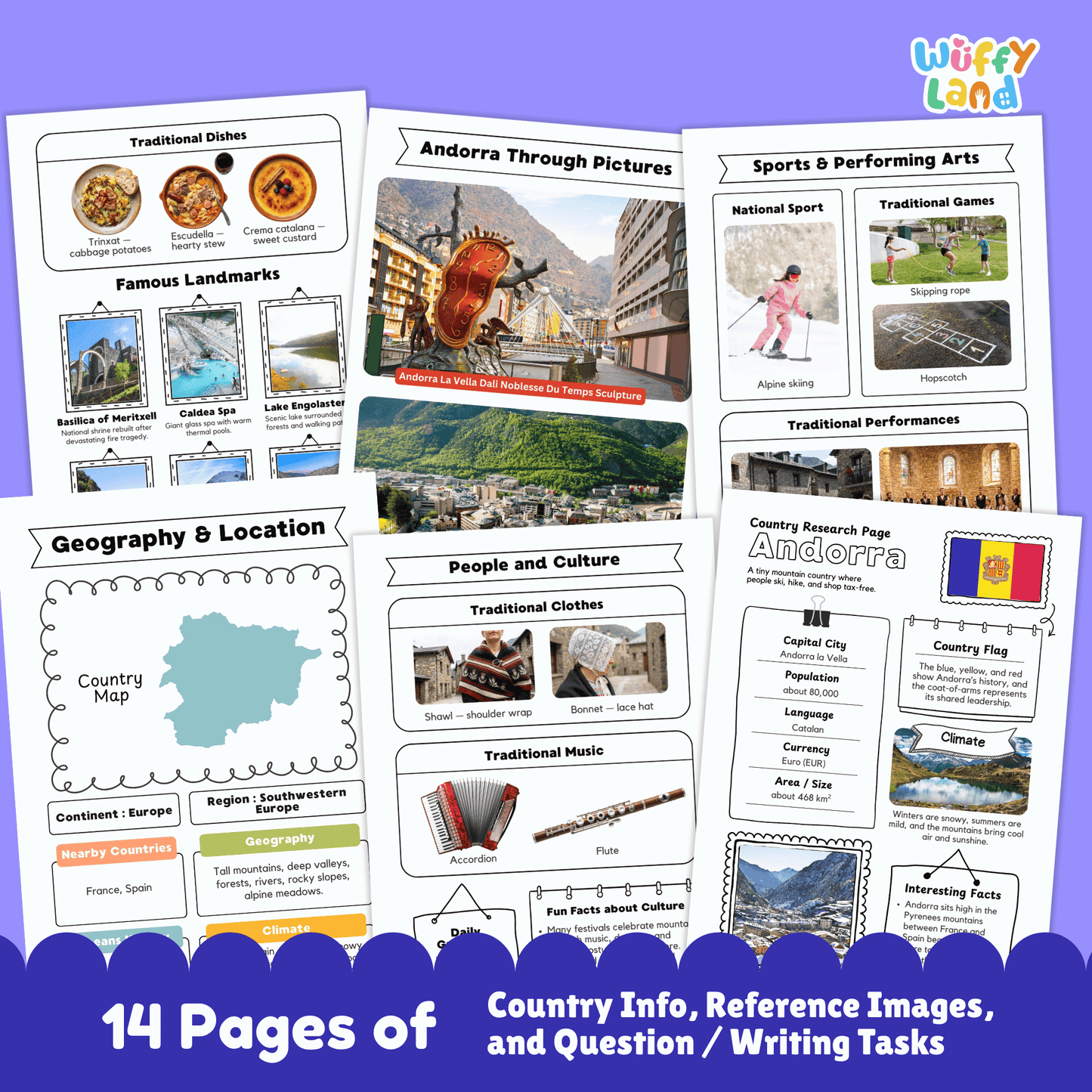 A country research project worksheet for Andorra featuring key facts such as the capital city (Andorra la Vella), population, language, currency, and size. The image includes Andorra’s flag, climate information, and interesting facts, along with visuals of mountain landscapes. Additional printable pages show geography and location, traditional clothing and music, sports and performing arts, famous landmarks, and student research and writing activities.