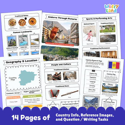 A country research project worksheet for Andorra featuring key facts such as the capital city (Andorra la Vella), population, language, currency, and size. The image includes Andorra’s flag, climate information, and interesting facts, along with visuals of mountain landscapes. Additional printable pages show geography and location, traditional clothing and music, sports and performing arts, famous landmarks, and student research and writing activities.