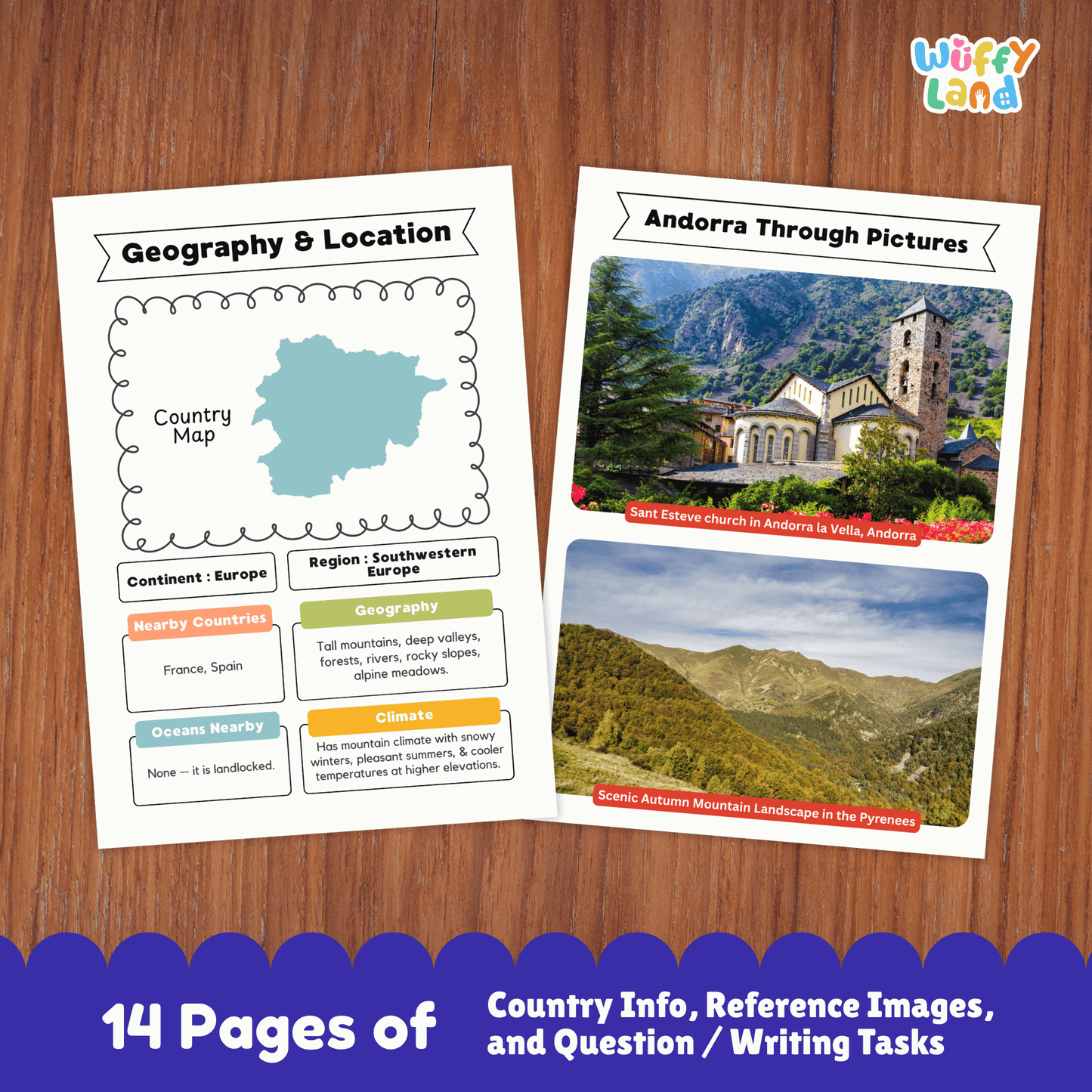 A country research project worksheet for Andorra featuring key facts such as the capital city (Andorra la Vella), population, language, currency, and size. The image includes Andorra’s flag, climate information, and interesting facts, along with visuals of mountain landscapes. Additional printable pages show geography and location, traditional clothing and music, sports and performing arts, famous landmarks, and student research and writing activities.
