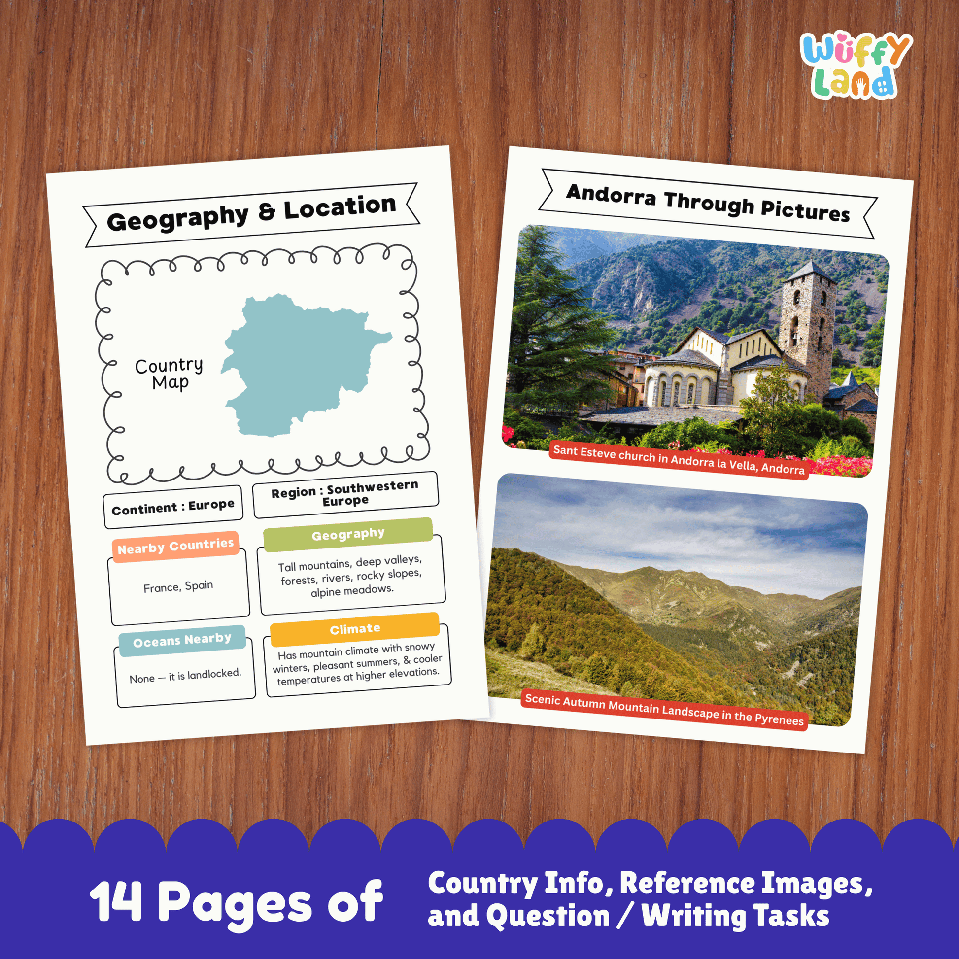 A country research project worksheet for Andorra featuring key facts such as the capital city (Andorra la Vella), population, language, currency, and size. The image includes Andorra’s flag, climate information, and interesting facts, along with visuals of mountain landscapes. Additional printable pages show geography and location, traditional clothing and music, sports and performing arts, famous landmarks, and student research and writing activities.