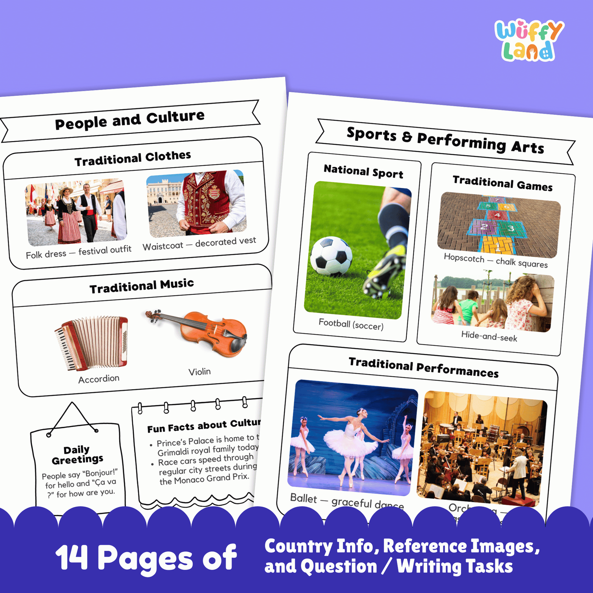 A country research project worksheet for Andorra featuring key facts such as the capital city (Andorra la Vella), population, language, currency, and size. The image includes Andorra’s flag, climate information, and interesting facts, along with visuals of mountain landscapes. Additional printable pages show geography and location, traditional clothing and music, sports and performing arts, famous landmarks, and student research and writing activities.