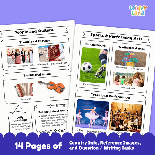 A country research project worksheet for Andorra featuring key facts such as the capital city (Andorra la Vella), population, language, currency, and size. The image includes Andorra’s flag, climate information, and interesting facts, along with visuals of mountain landscapes. Additional printable pages show geography and location, traditional clothing and music, sports and performing arts, famous landmarks, and student research and writing activities.
