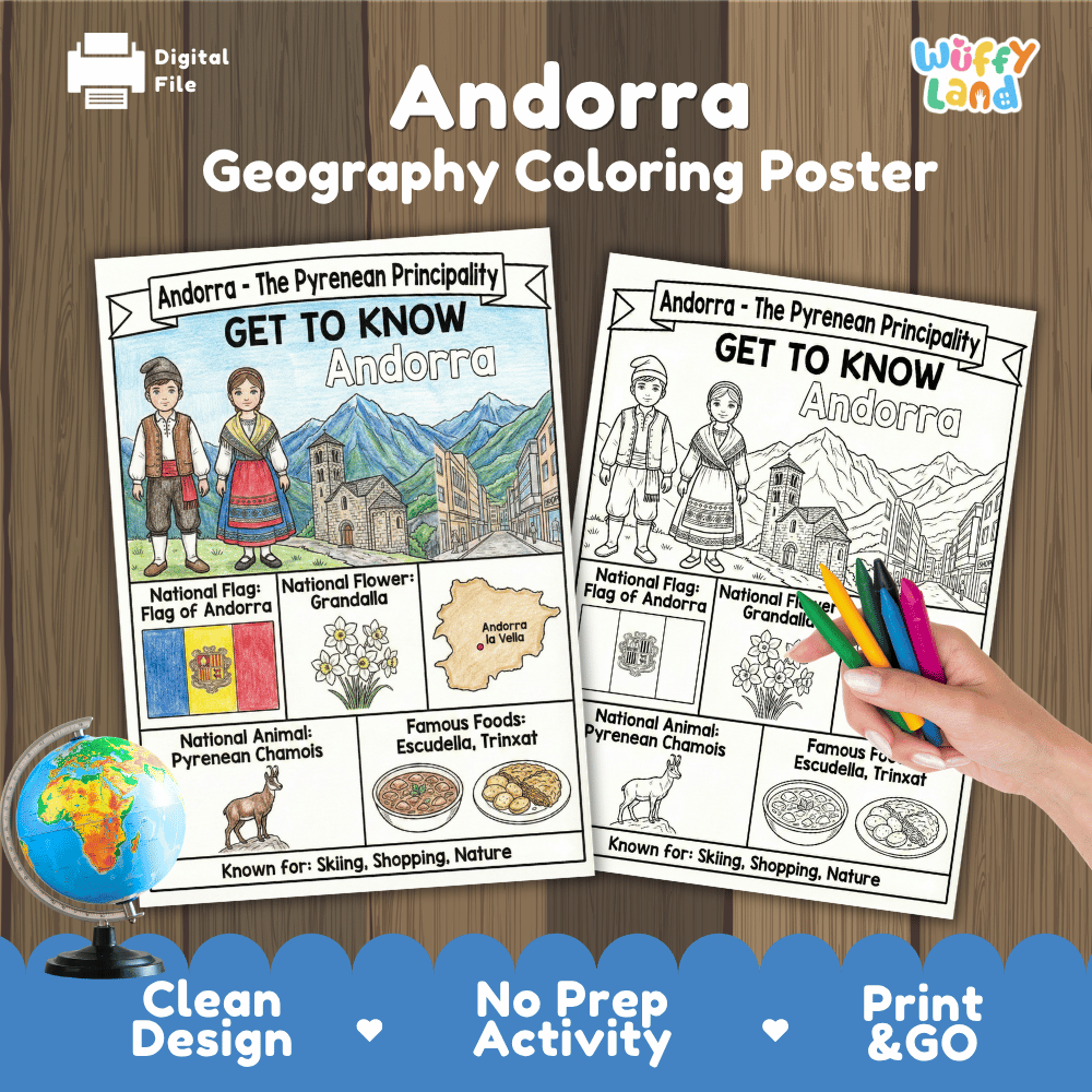 Andorra Geography Coloring Poster | Country Study Research Worksheet Activity
