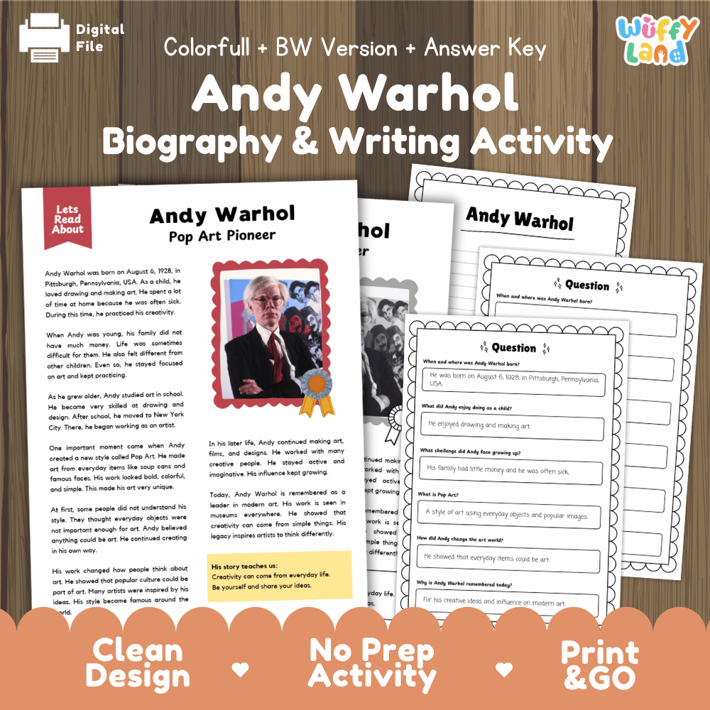 Andy Warhol Biography Reading Passage and Writing Activity Worksheets