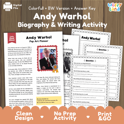 Andy Warhol Biography Reading Passage and Writing Activity Worksheets