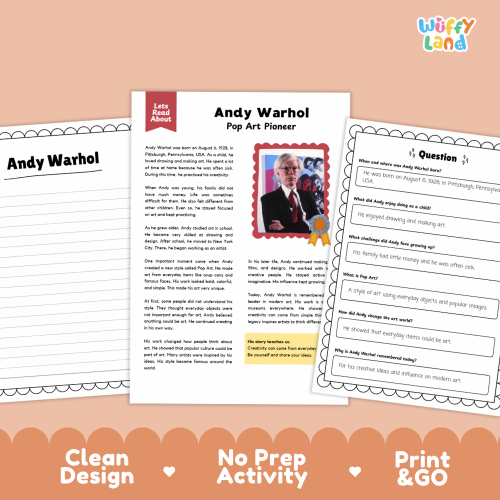 Andy Warhol Biography Reading Passage and Writing Activity Worksheets