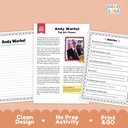 Andy Warhol Biography Reading Passage and Writing Activity Worksheets