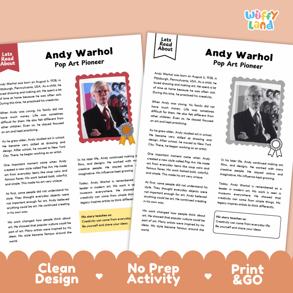 Andy Warhol Biography Reading Passage and Writing Activity Worksheets
