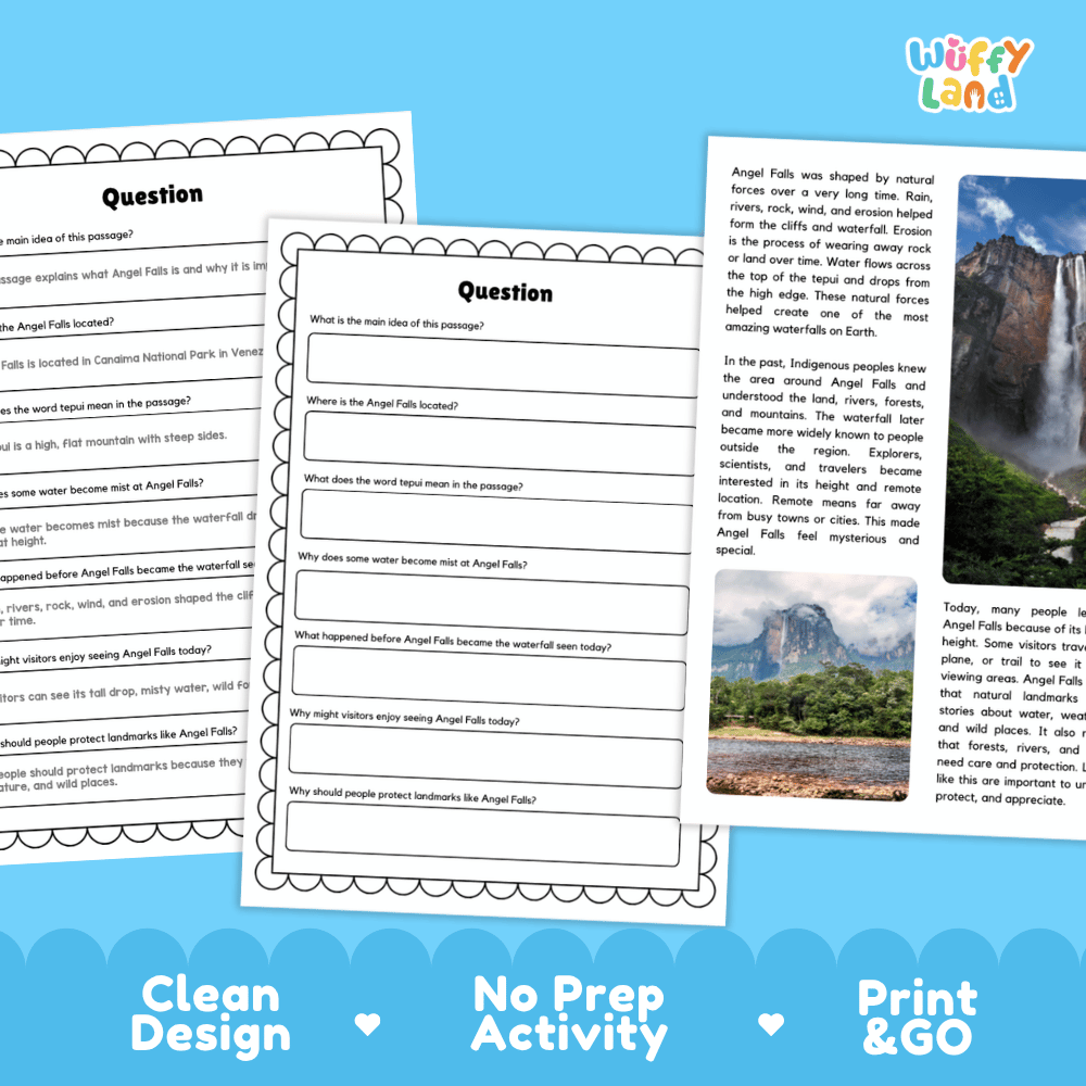 Angel Falls Landmark Reading Passages and Comprehension Worksheets