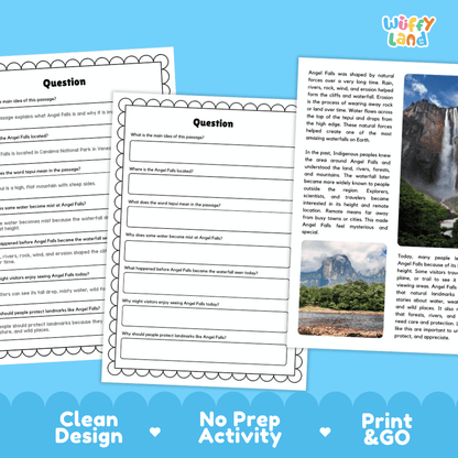 Angel Falls Landmark Reading Passages and Comprehension Worksheets