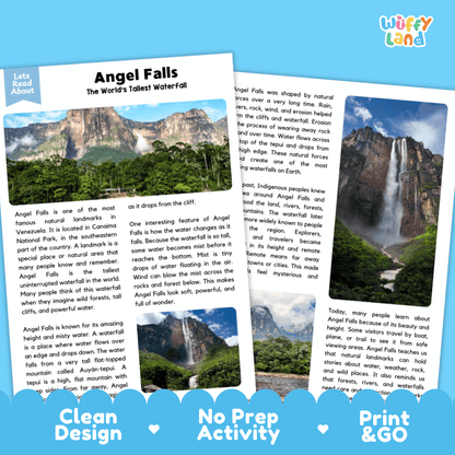 Angel Falls Landmark Reading Passages and Comprehension Worksheets