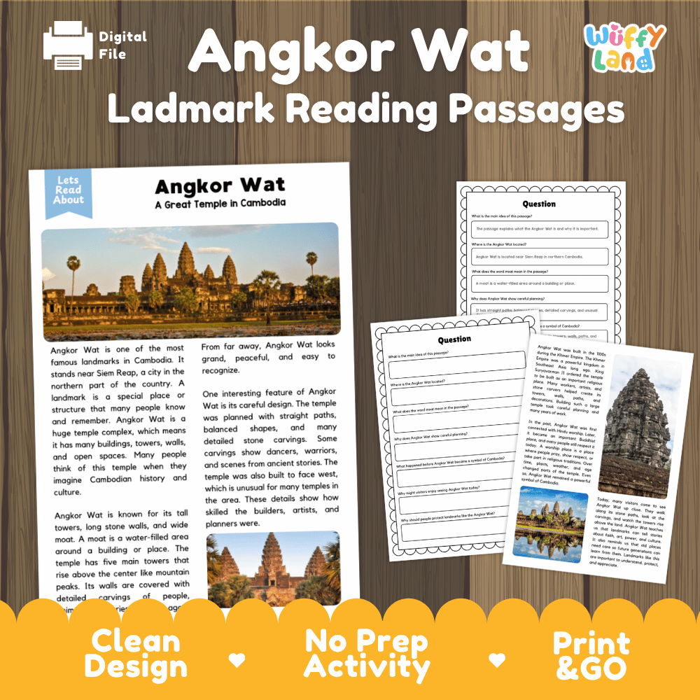 Angkor Wat Landmark Reading Passages and Comprehension Worksheets