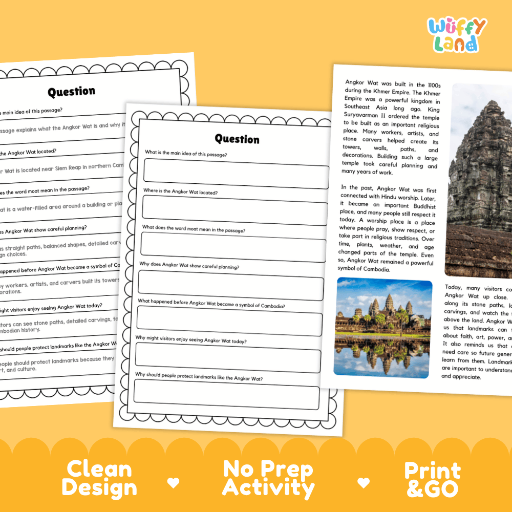 Angkor Wat Landmark Reading Passages and Comprehension Worksheets