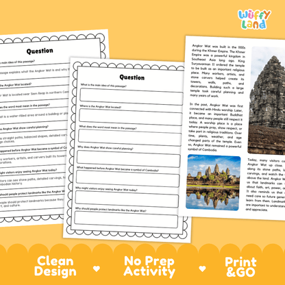 Angkor Wat Landmark Reading Passages and Comprehension Worksheets