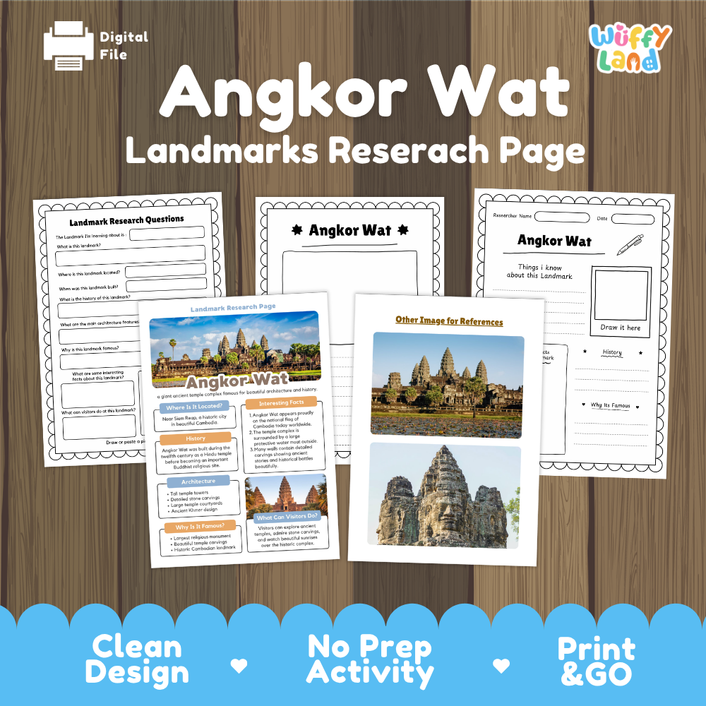Angkor Wat landmarks research page activity sheet set by Wiffy Land, featuring multiple printed worksheet pages and a reference poster on a wood-grain background with promotional text at the bottom.