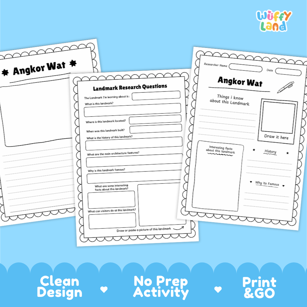 Three printable activity sheets for Angkor Wat displayed on a light blue background with decorative text at the bottom. The sheets include writing prompts, labeled sections, and drawing boxes, with the brand name Wiffy Land in the top right corner.
