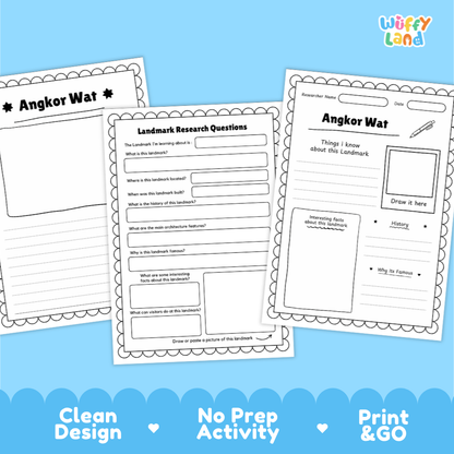 Three printable activity sheets for Angkor Wat displayed on a light blue background with decorative text at the bottom. The sheets include writing prompts, labeled sections, and drawing boxes, with the brand name Wiffy Land in the top right corner.