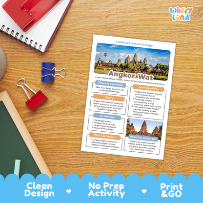 A printed Angkor Wat landmark research page laid on a wooden desk, surrounded by school supplies including a red notebook, binder clips, and a chalkboard. The page has colorful headings and small travel photos.