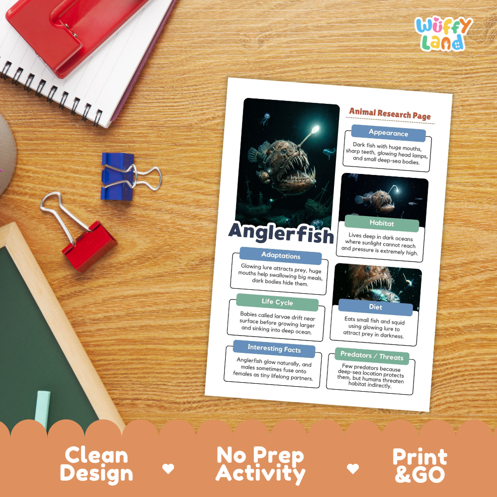 Anglerfish Animal Research Page Worksheets and Fact Sheet