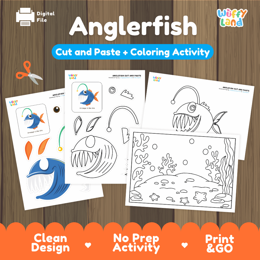 Anglerfish Cut and Paste Coloring Activity Worksheets