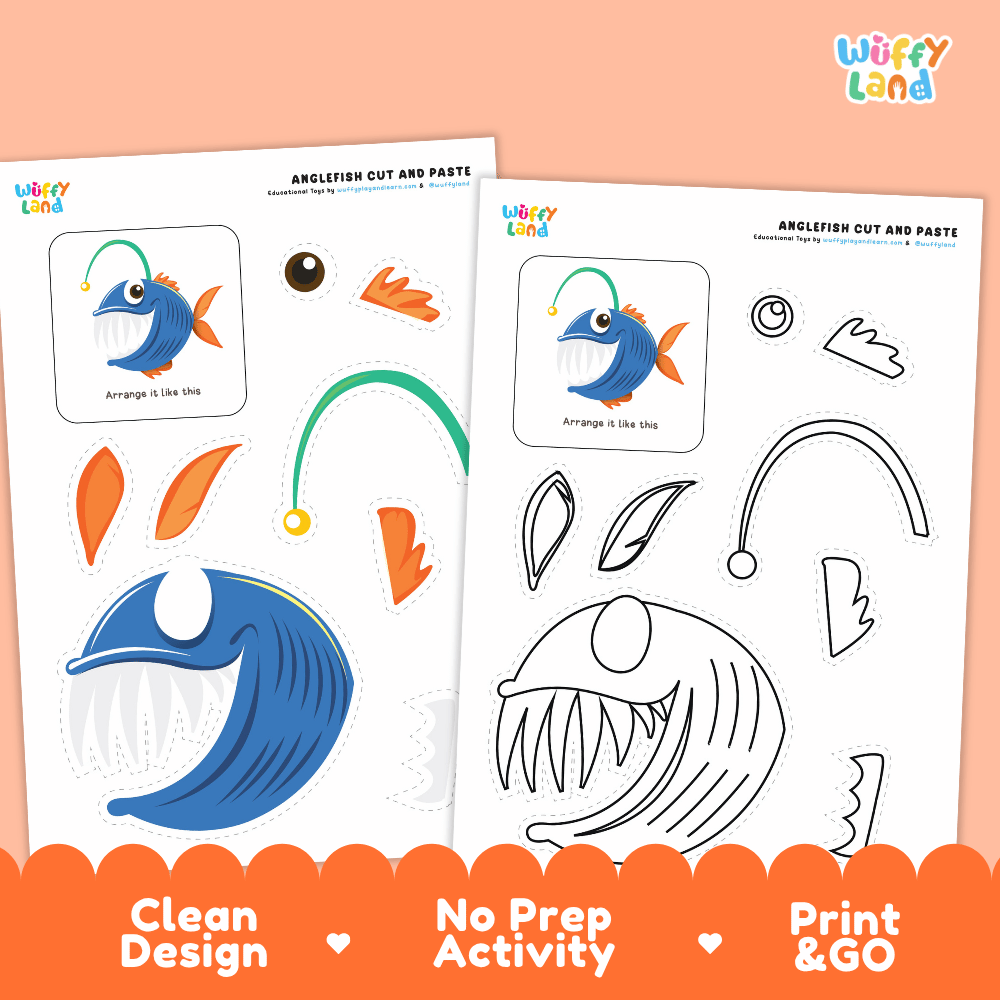 Anglerfish Cut and Paste Coloring Activity Worksheets