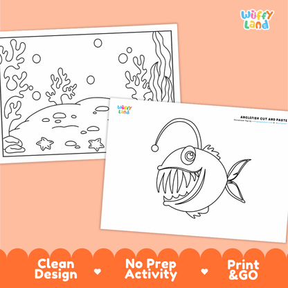 Anglerfish Cut and Paste Coloring Activity Worksheets